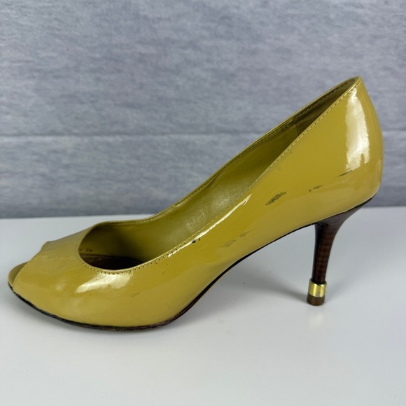 Tory Burch Womens Pumps Heels Yellow Peep Toe Patent Leather Stiletto Shoes 7M - Picture 4 of 14